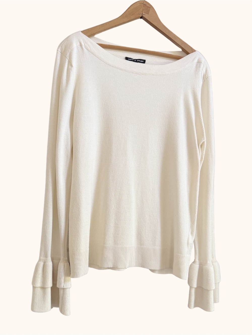 Cable & Gauge Ivory Boat Neck Sweater Double Ruffle Bell Cuffs Large